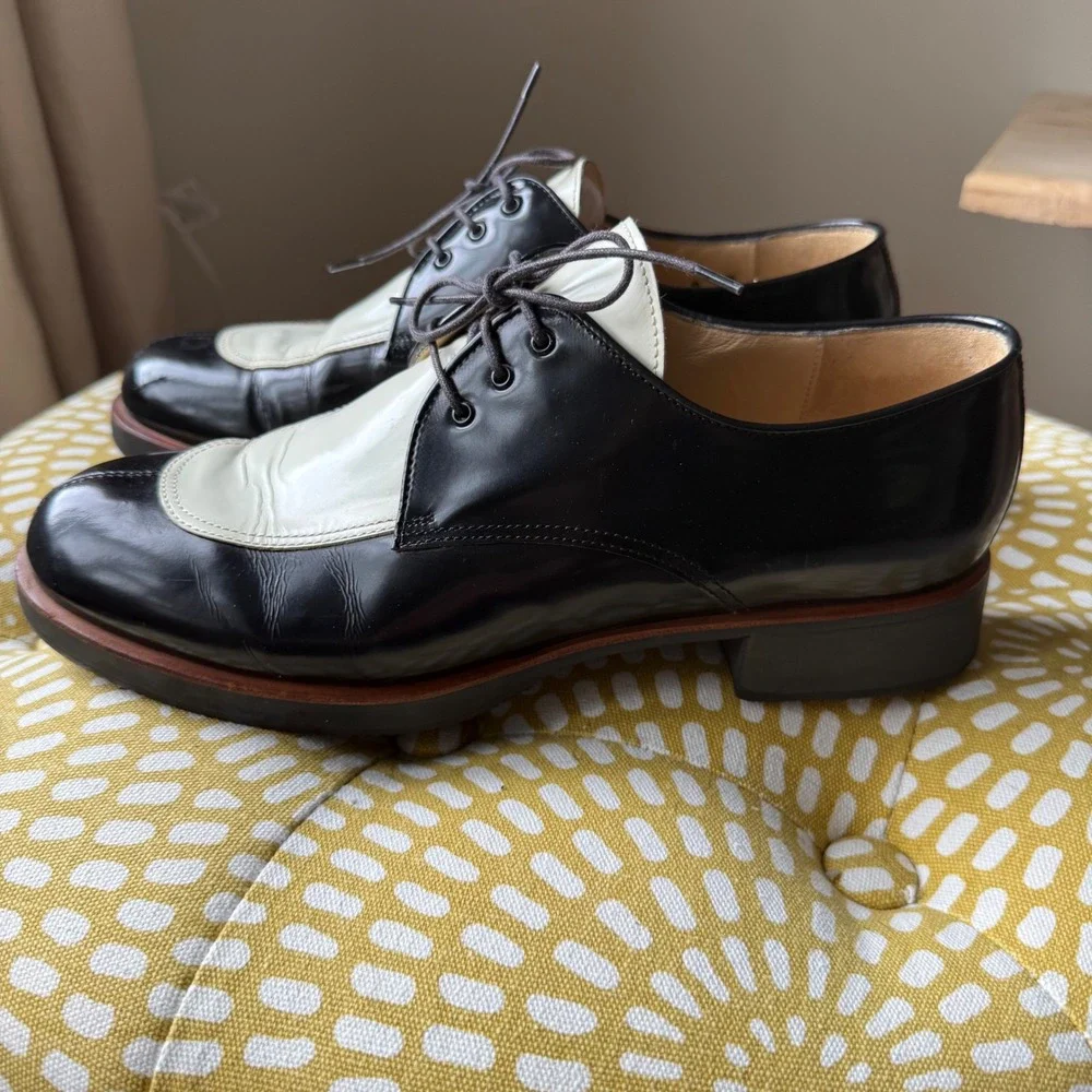 Rare Fieramosca Made In Italy OxfordDerby  M 9N Black White Leather Saddle Shoes
